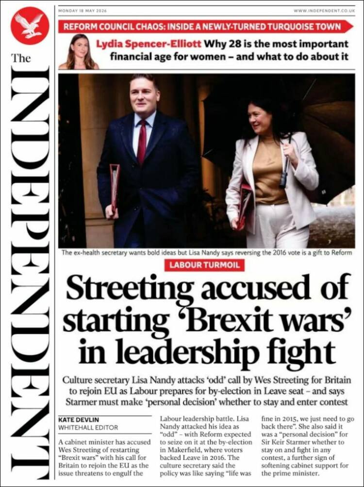 Portada de The Independent (Reino Unido)
