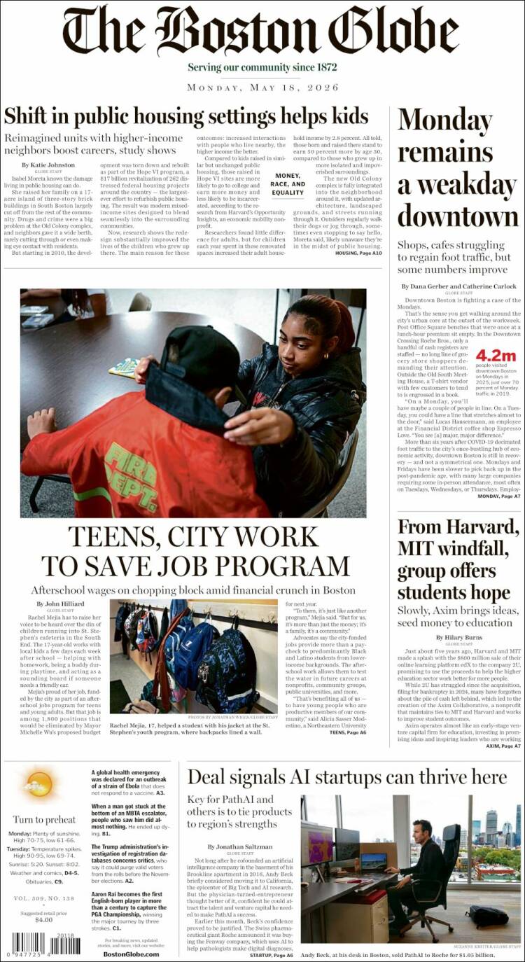 Portada de Boston Globe (USA)