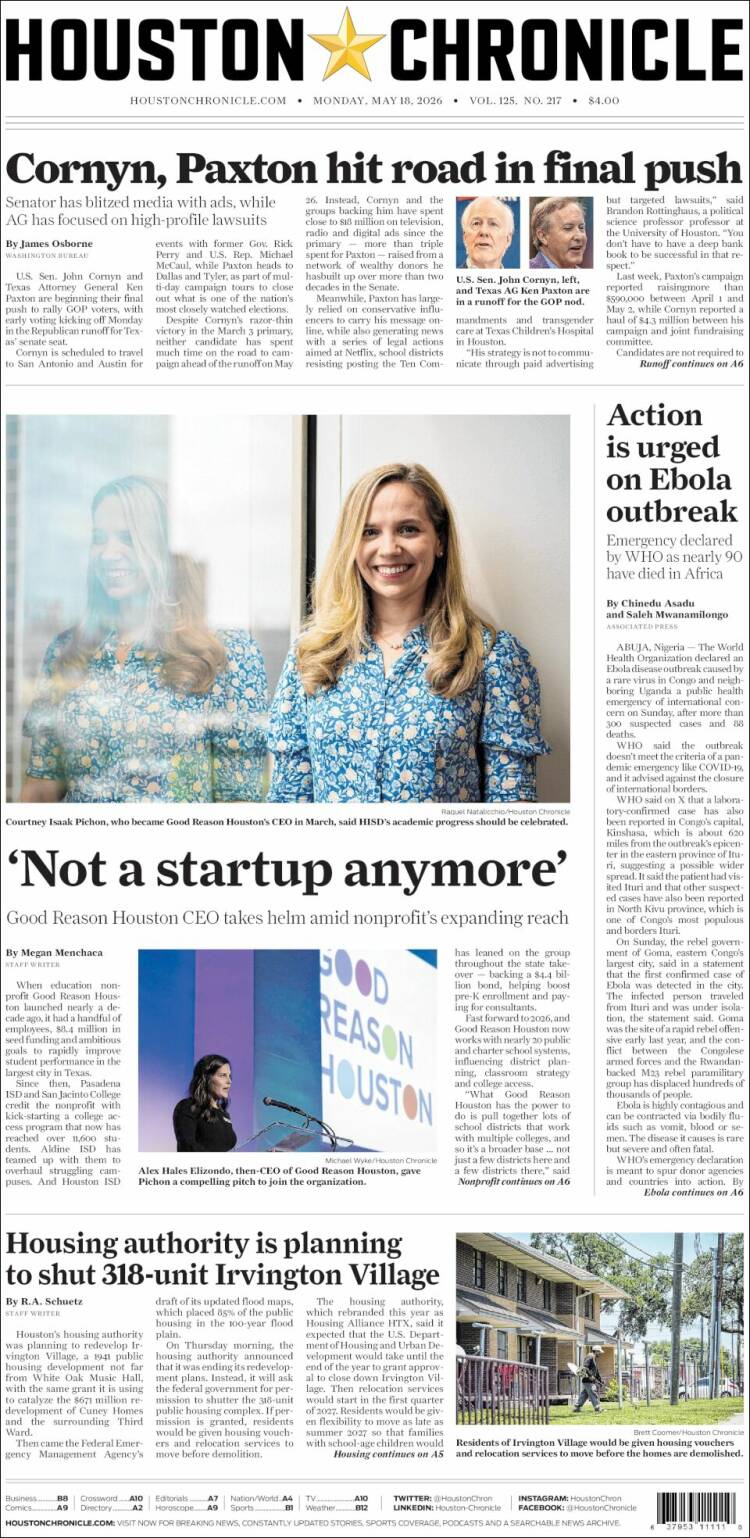 Portada de Houston Chronicle (USA)
