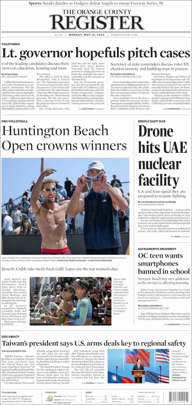 Portada de The Orange County Register (USA)