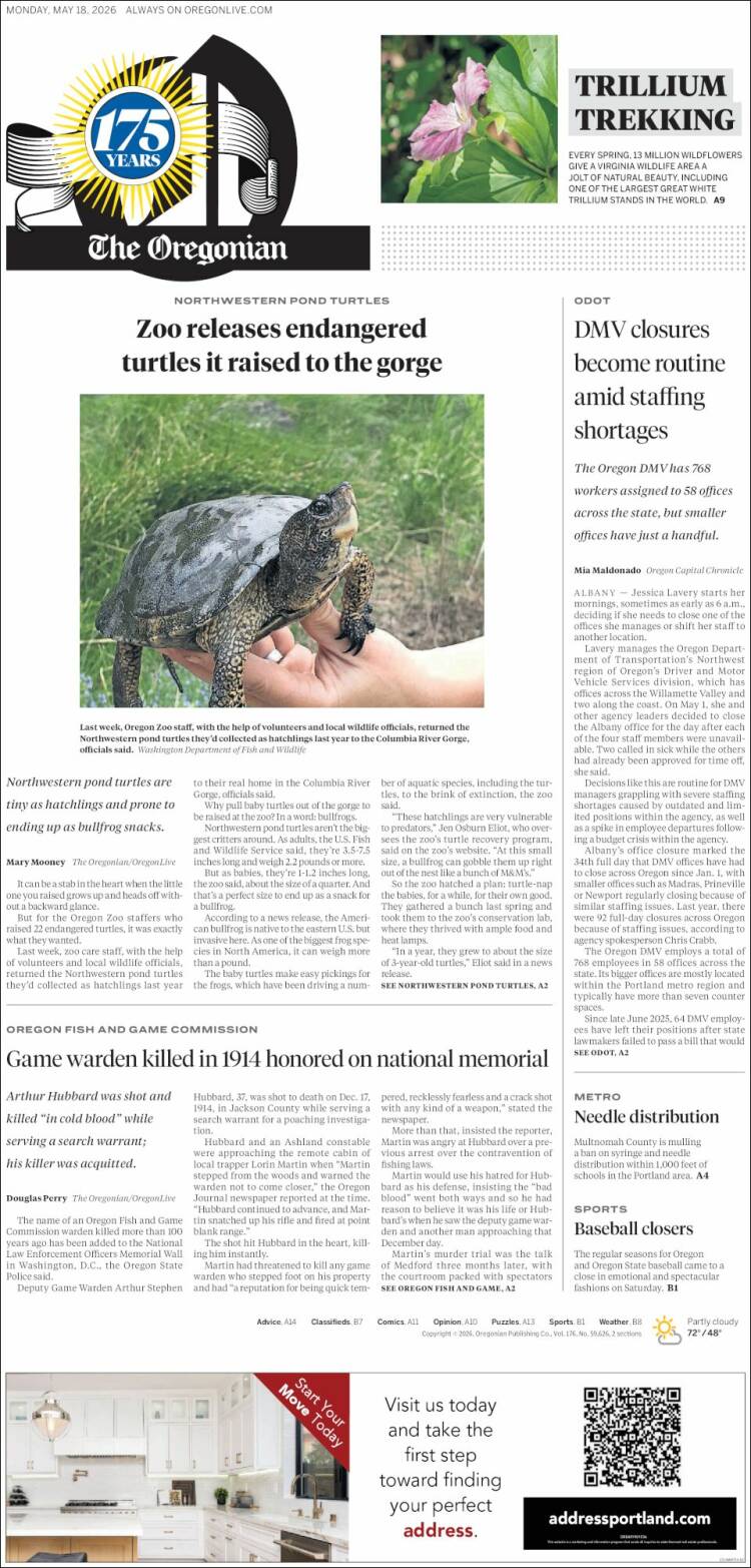 Portada de The Oregonian (USA)