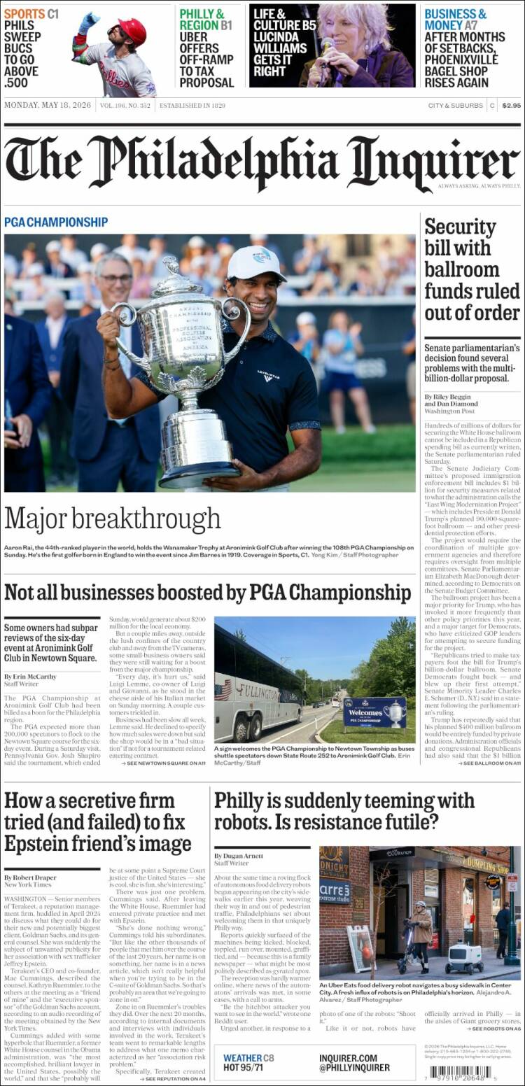 Portada de Philadelphia Inquirer (USA)