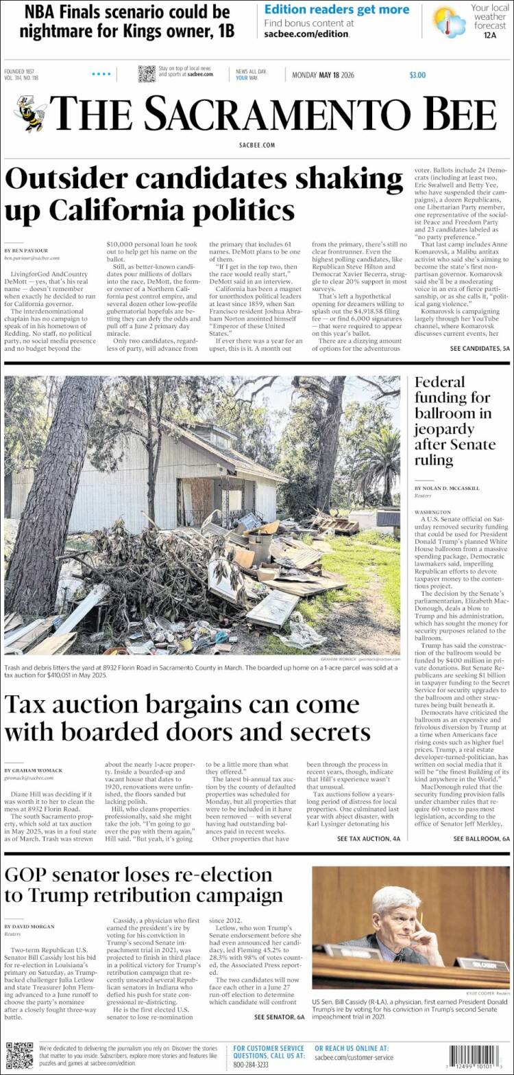 Portada de The Sacramento Bee (USA)