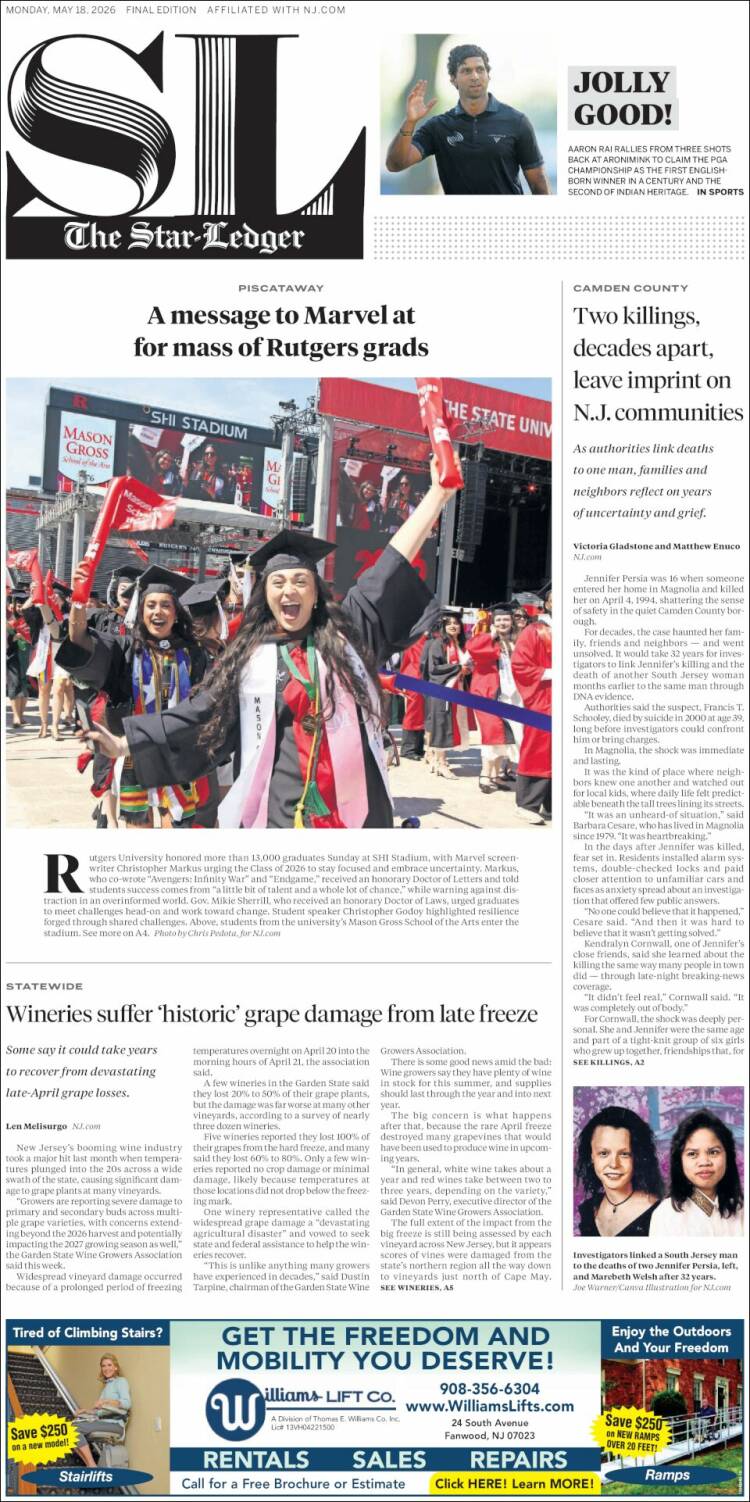 Portada de Star-Ledger (USA)