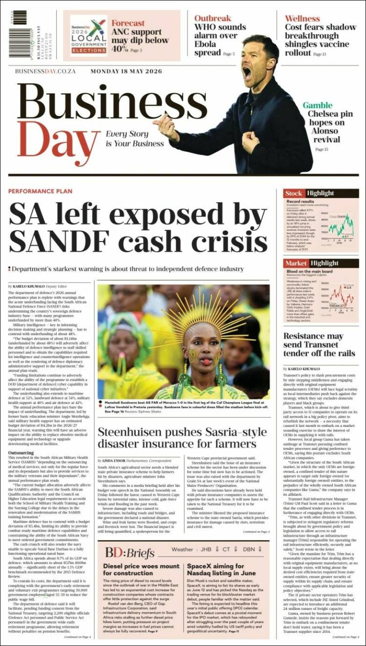 Portada de Business Day (Sud&aacute;frica)