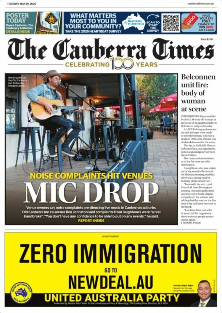 Portada de The Canberra Times (Australia)