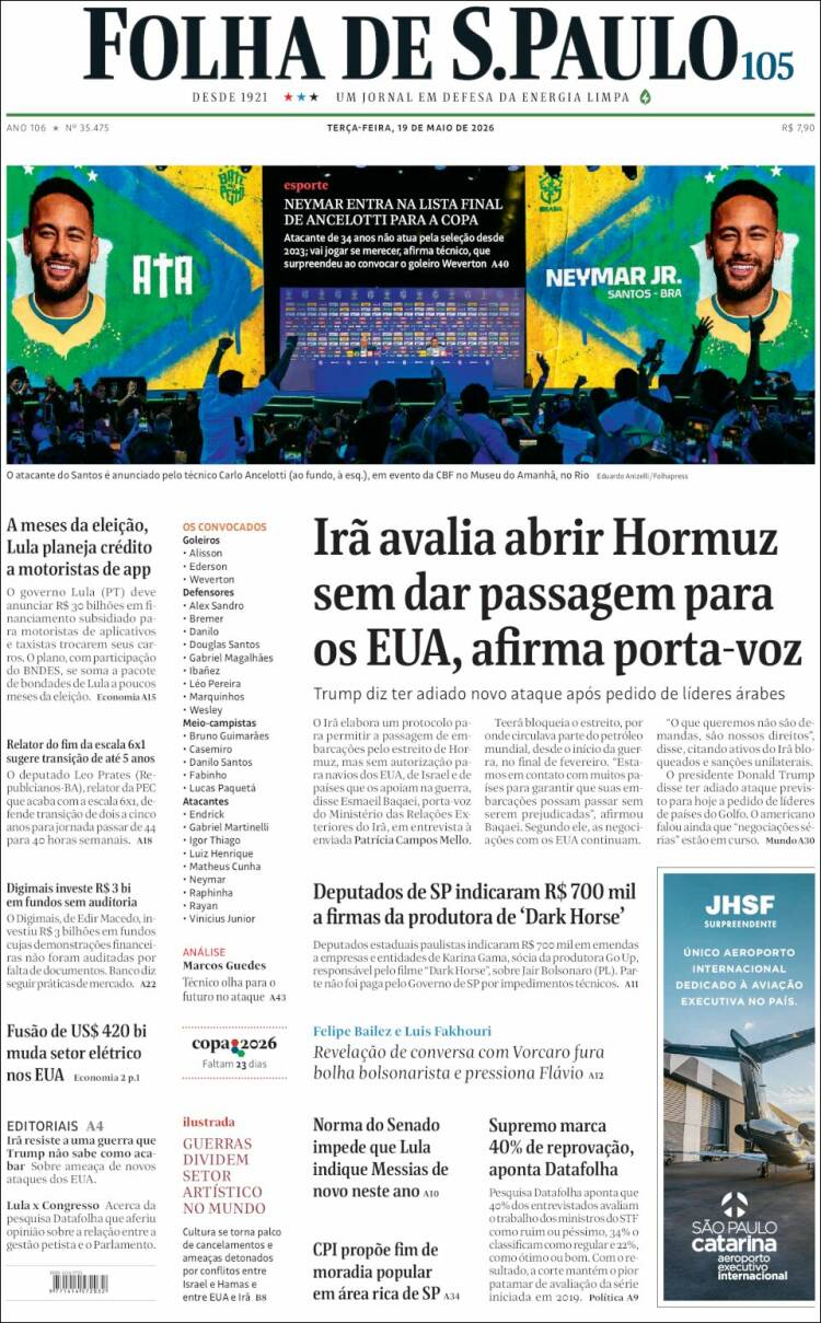 Portada de Folha de São Paulo (Brasil)