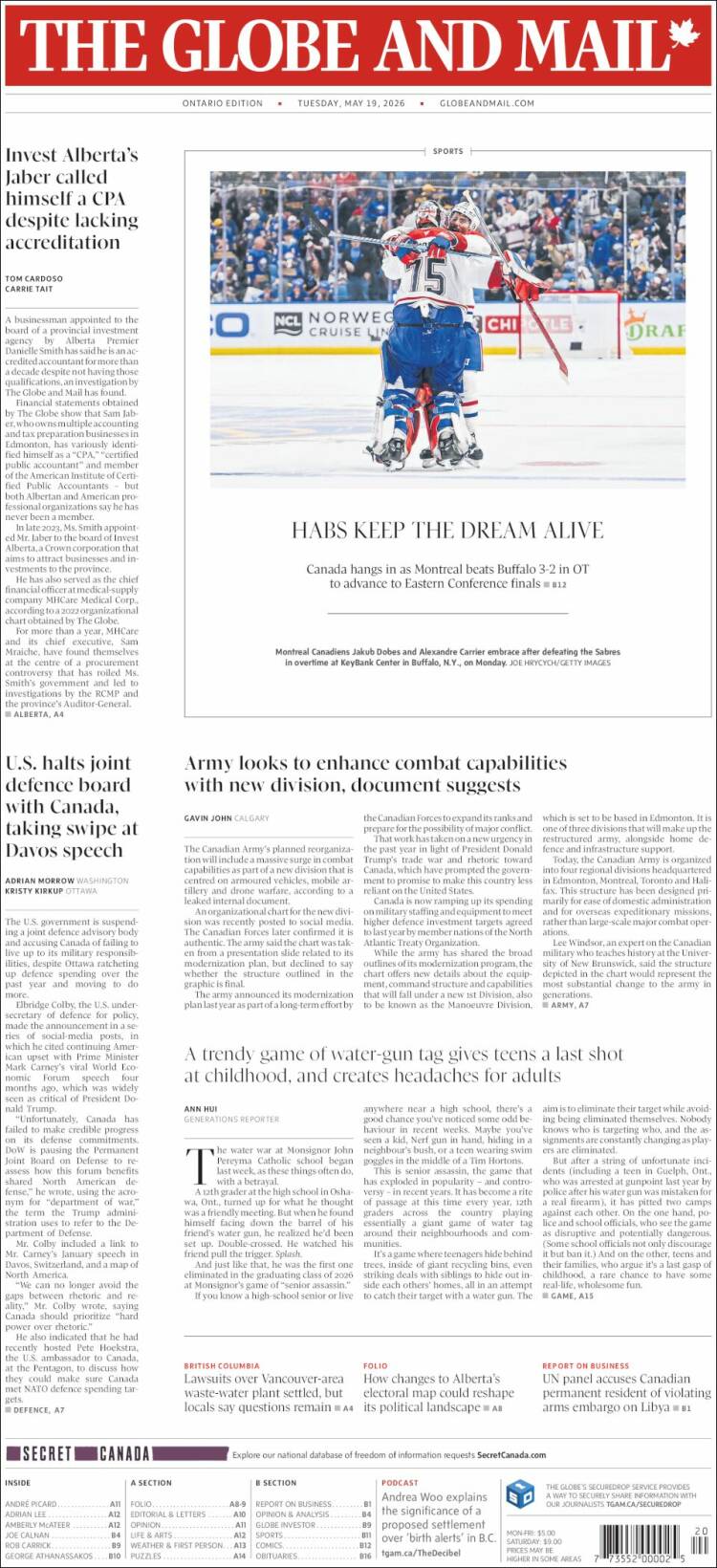Portada de The Globe and Mail (Canad&aacute;)