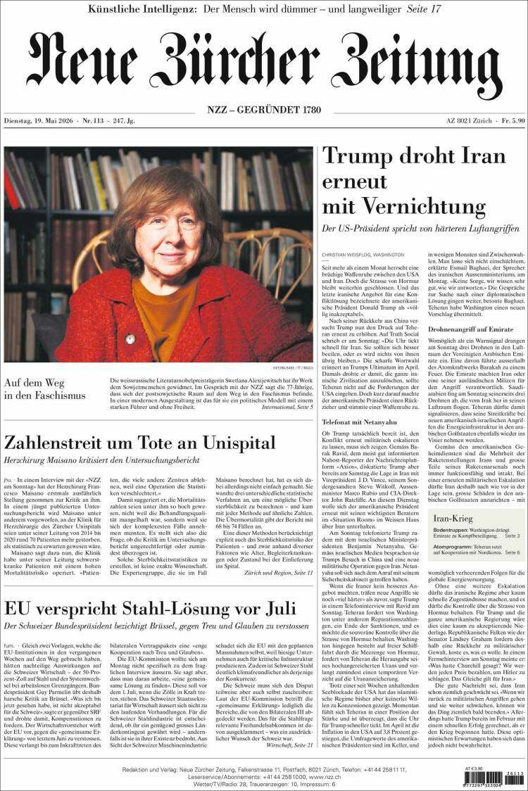 Portada de Neue Zürcher Zeitung (Suiza)