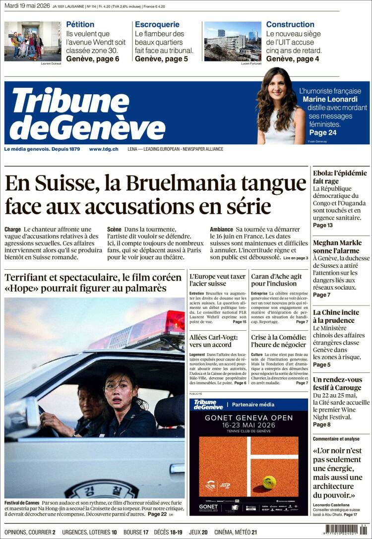 Portada de La Tribune de Genève (Suiza)