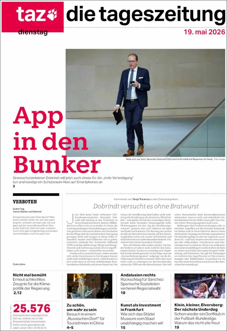 Portada de Die Tageszeitung (Alemania)