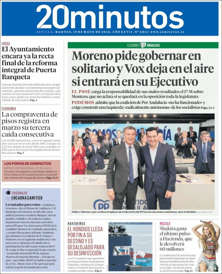 Portada de 20 Minutos - Sevilla (Espa&ntilde;a)