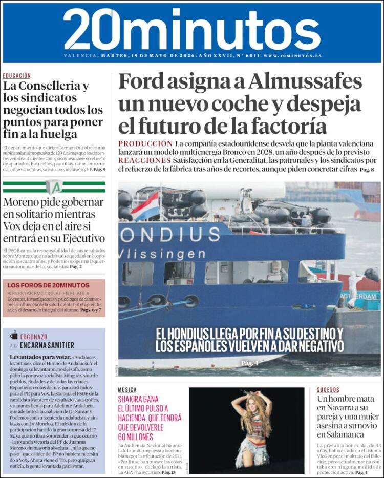 Portada de 20 Minutos - Valencia (Espa&ntilde;a)