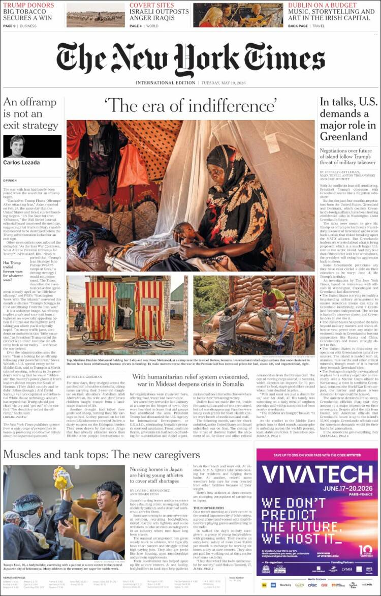 Portada de International New York Times (Europa)
