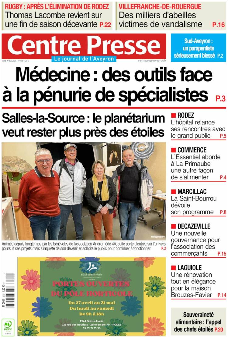 Portada de Centre Presse (Francia)