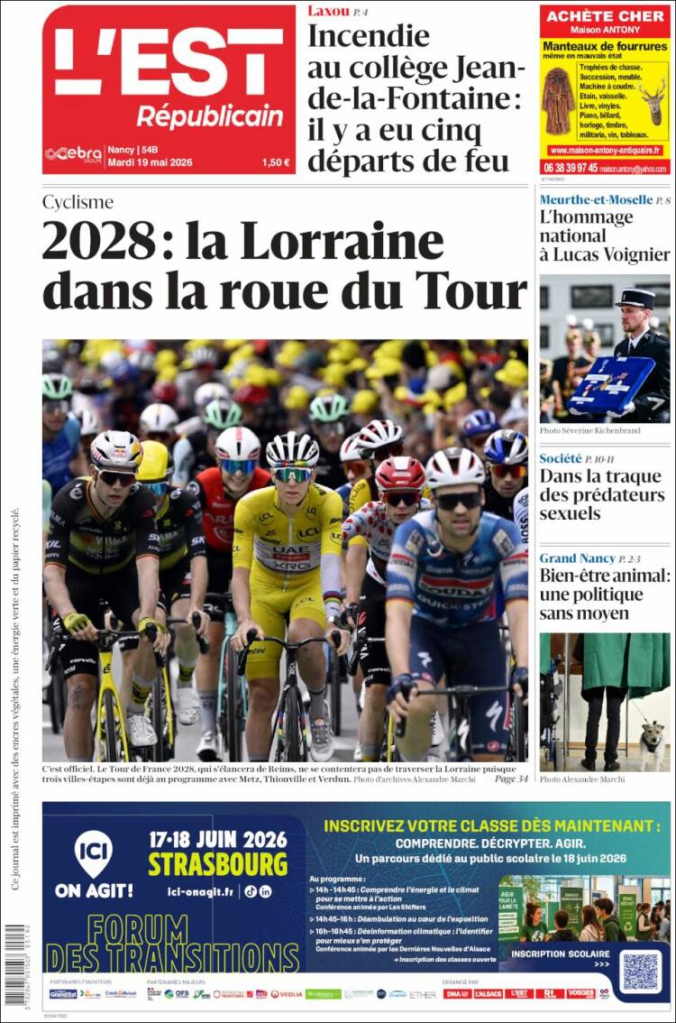 Portada de L'Est Republicain (Francia)