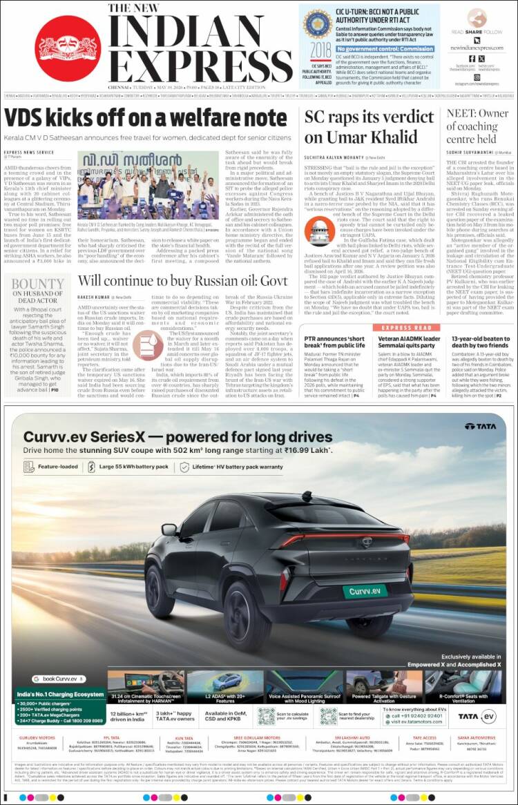 Portada de New Indian Express (India)