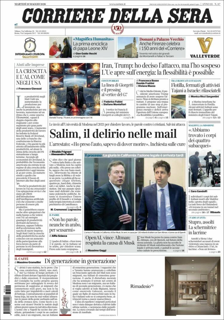 Portada de Corriere della Sera (Italia)