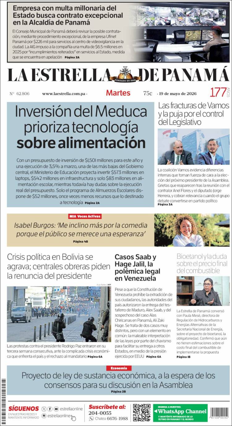 Portada de La Estrella de Panamá (Panam&aacute;)