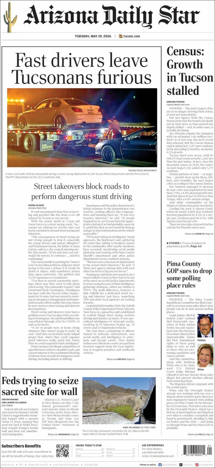 Portada de Arizona Daily Star (USA)