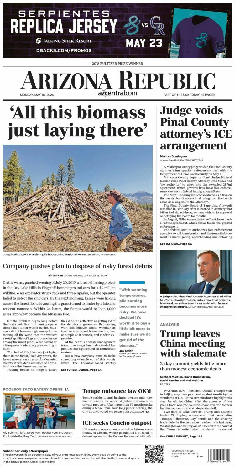 Portada de Arizona Republic News (USA)