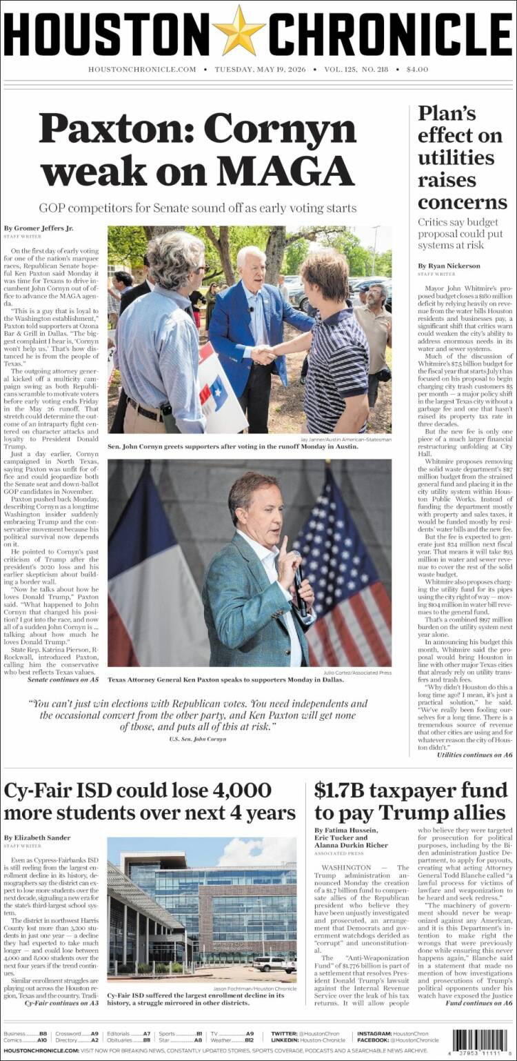 Portada de Houston Chronicle (USA)