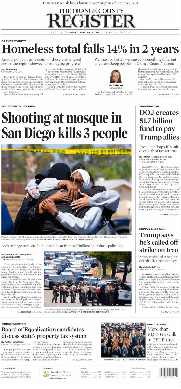 Portada de The Orange County Register (USA)