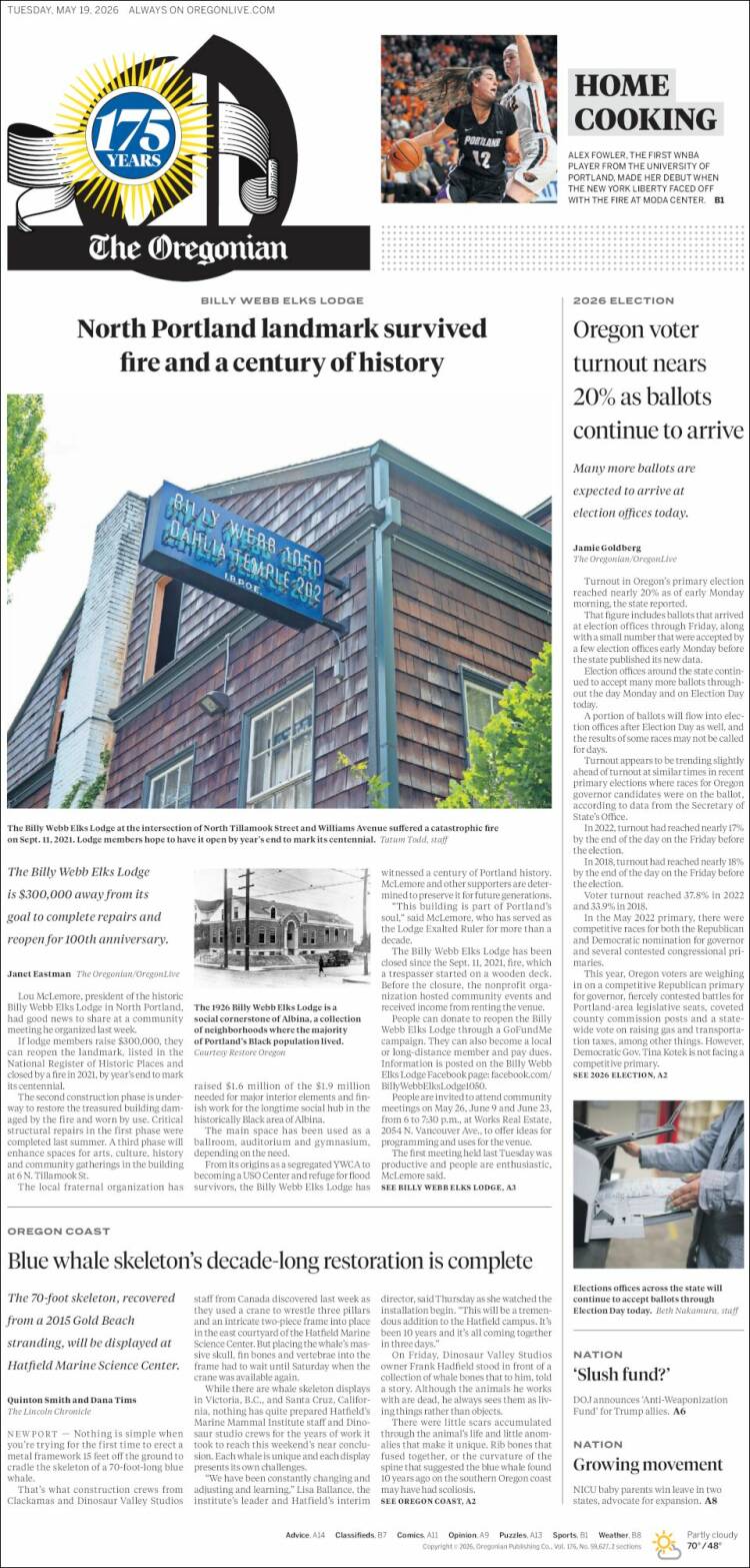 Portada de The Oregonian (USA)