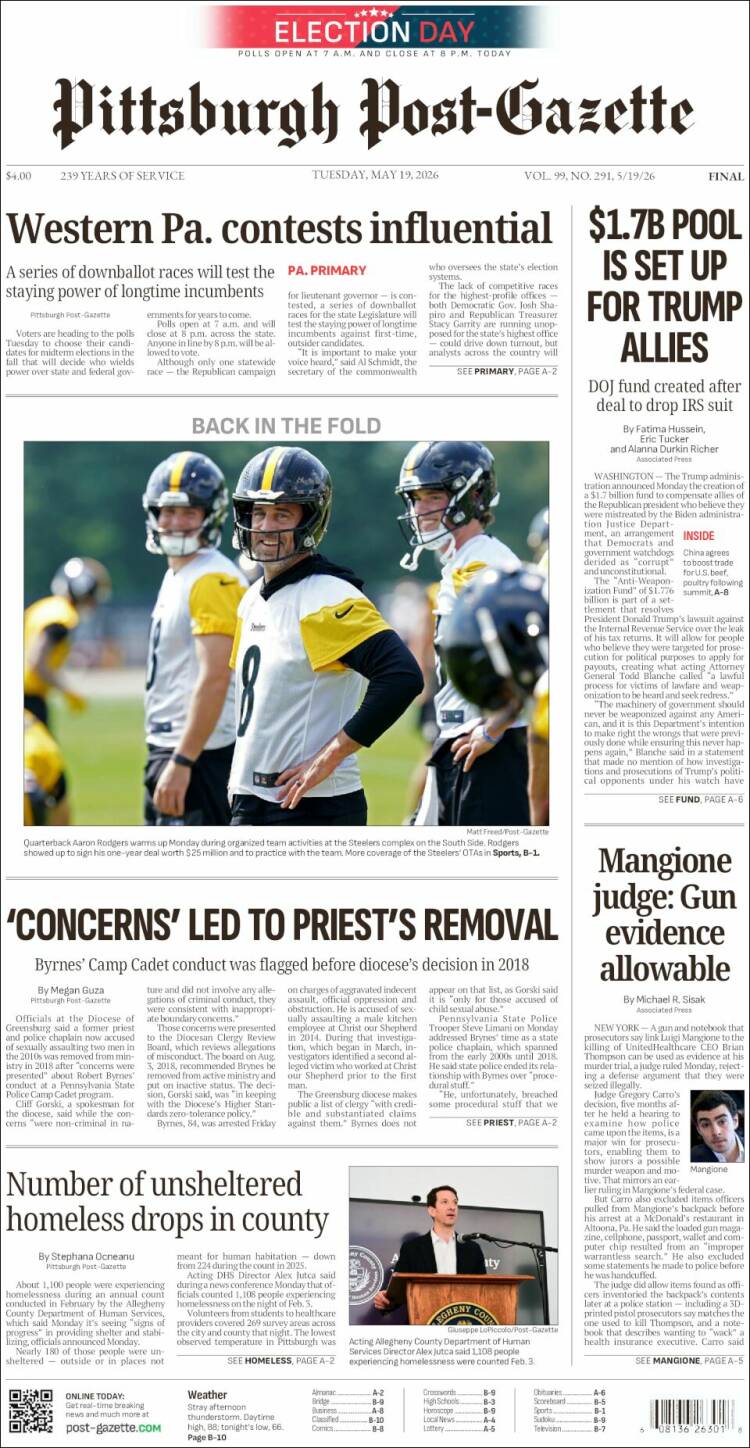 Portada de Pittsburgh Post-Gazette (USA)