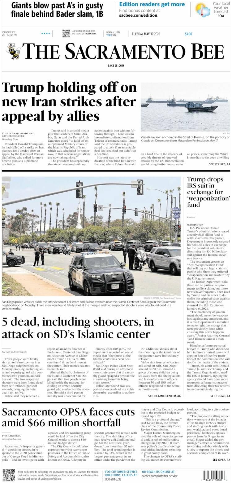 Portada de The Sacramento Bee (USA)