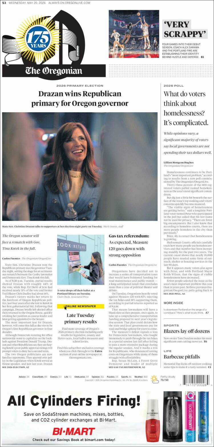 Portada de The Oregonian (USA)
