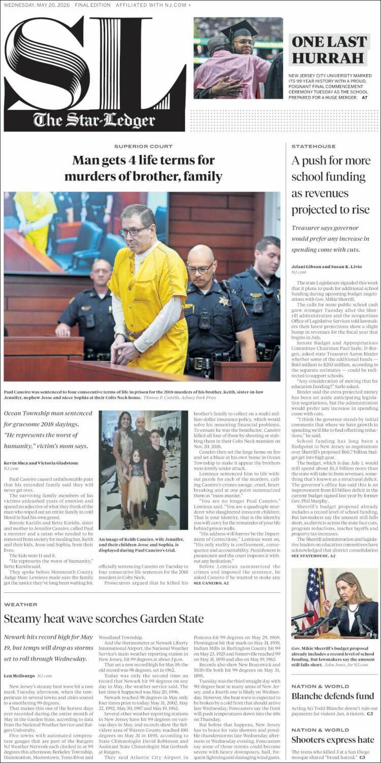Portada de Star-Ledger (USA)