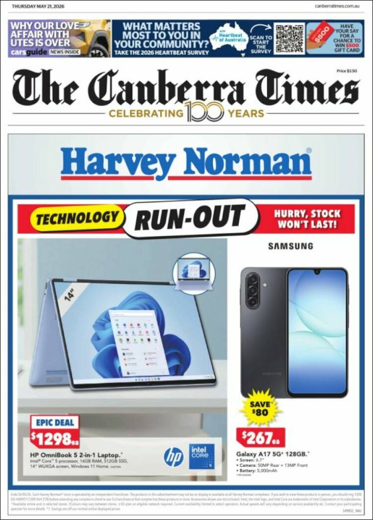Portada de The Canberra Times (Australia)