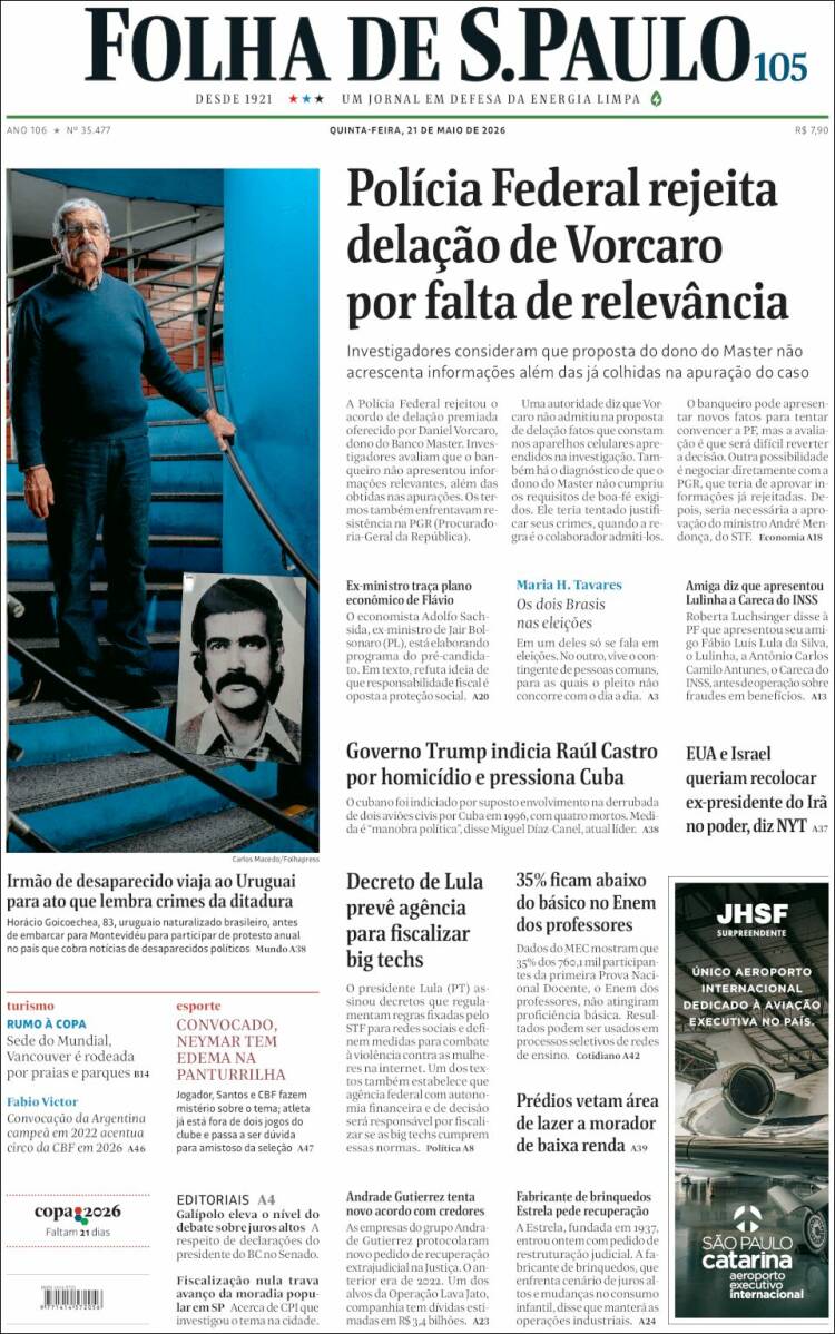 Portada de Folha de São Paulo (Brasil)