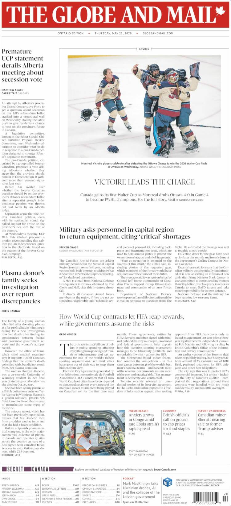 Portada de The Globe and Mail (Canad&aacute;)