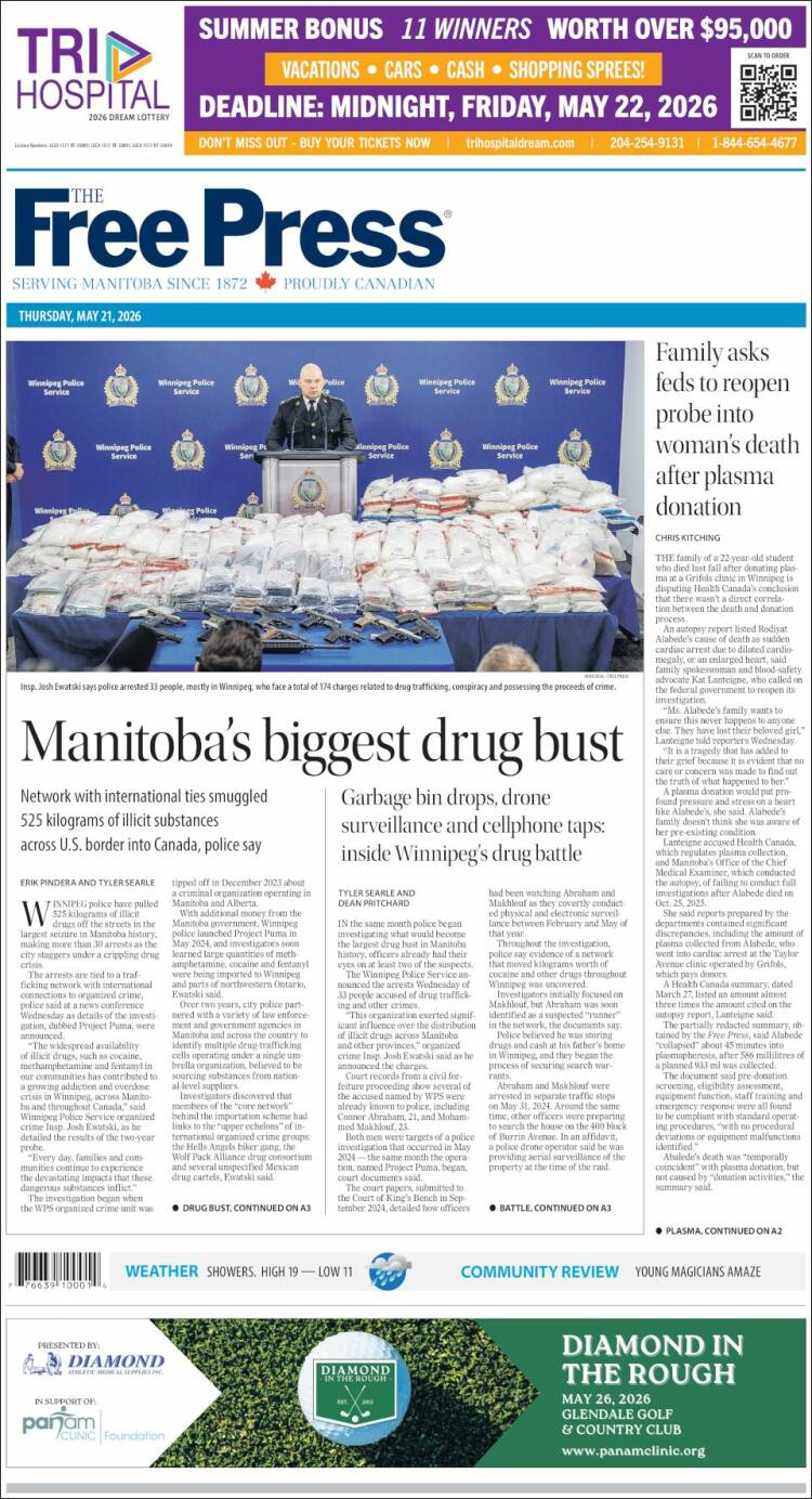 Portada de Winnipeg Free Press (Canad&aacute;)