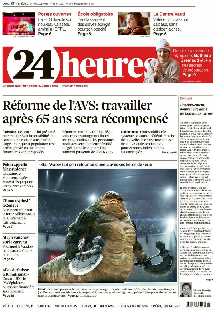Portada de 24 Heures (Suiza)
