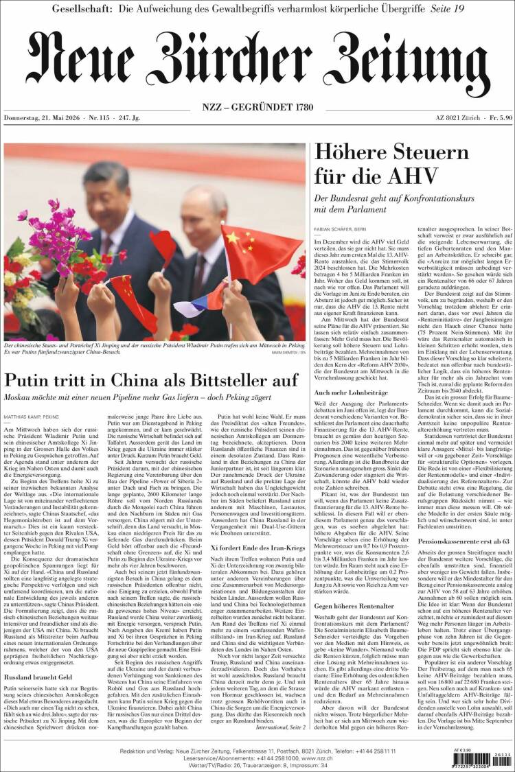 Portada de Neue Zürcher Zeitung (Suiza)