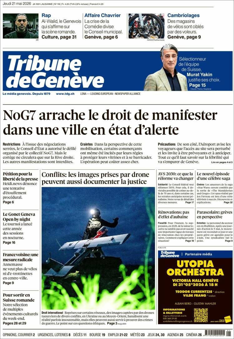 Portada de La Tribune de Genève (Suiza)