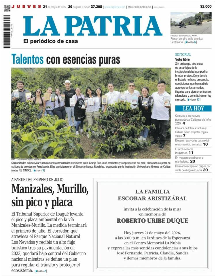 Portada de La Patria (Colombia)