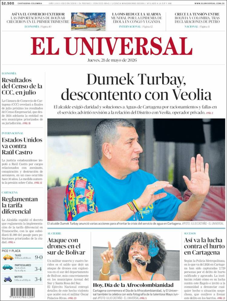 Portada de El Universal (Colombia)