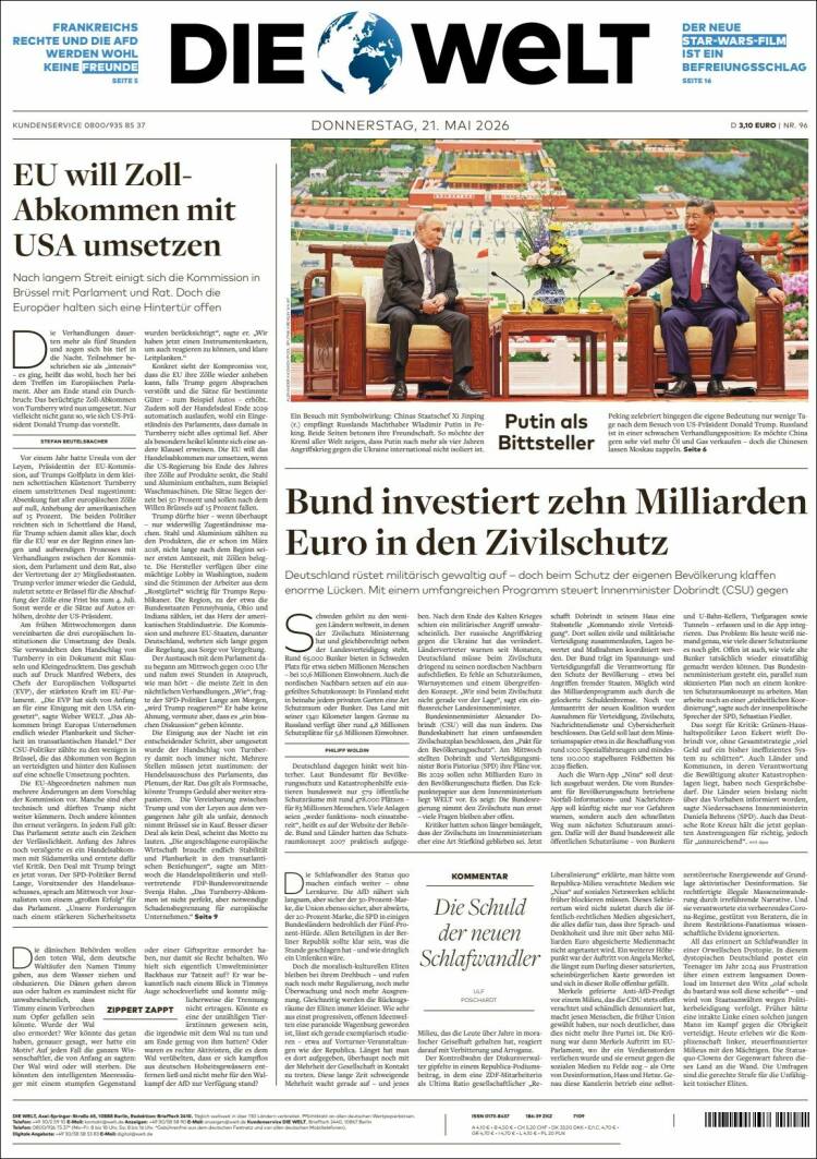 Portada de Die Welt (Alemania)