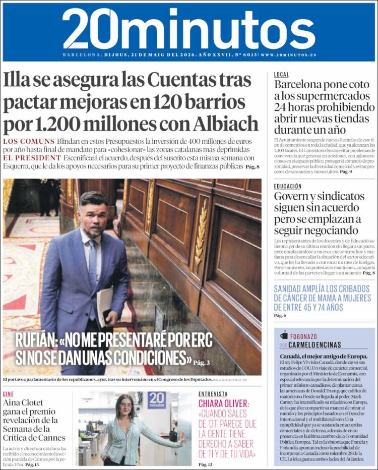 Portada de 20 Minutos - Barcelona (Espa&ntilde;a)