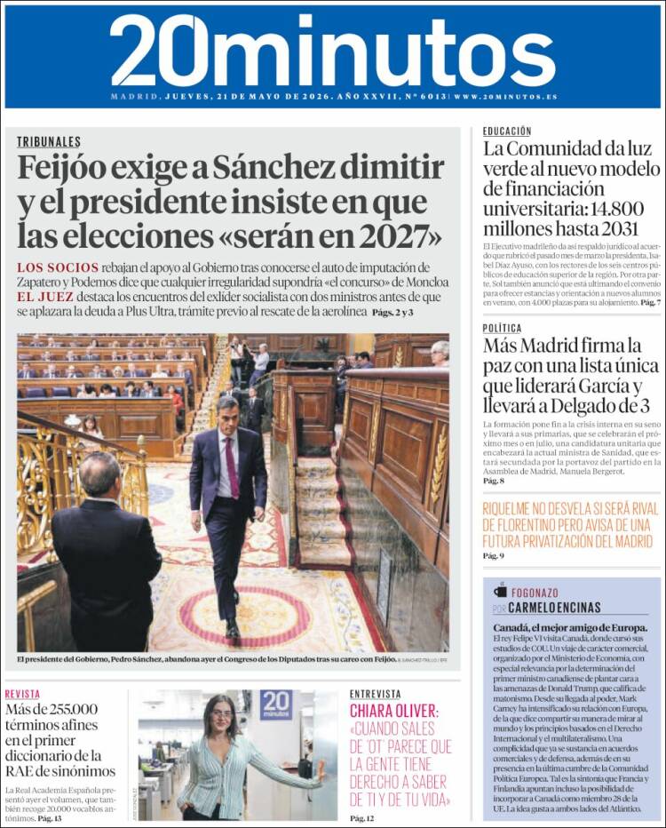 Portada de 20 Minutos - Madrid (Espa&ntilde;a)