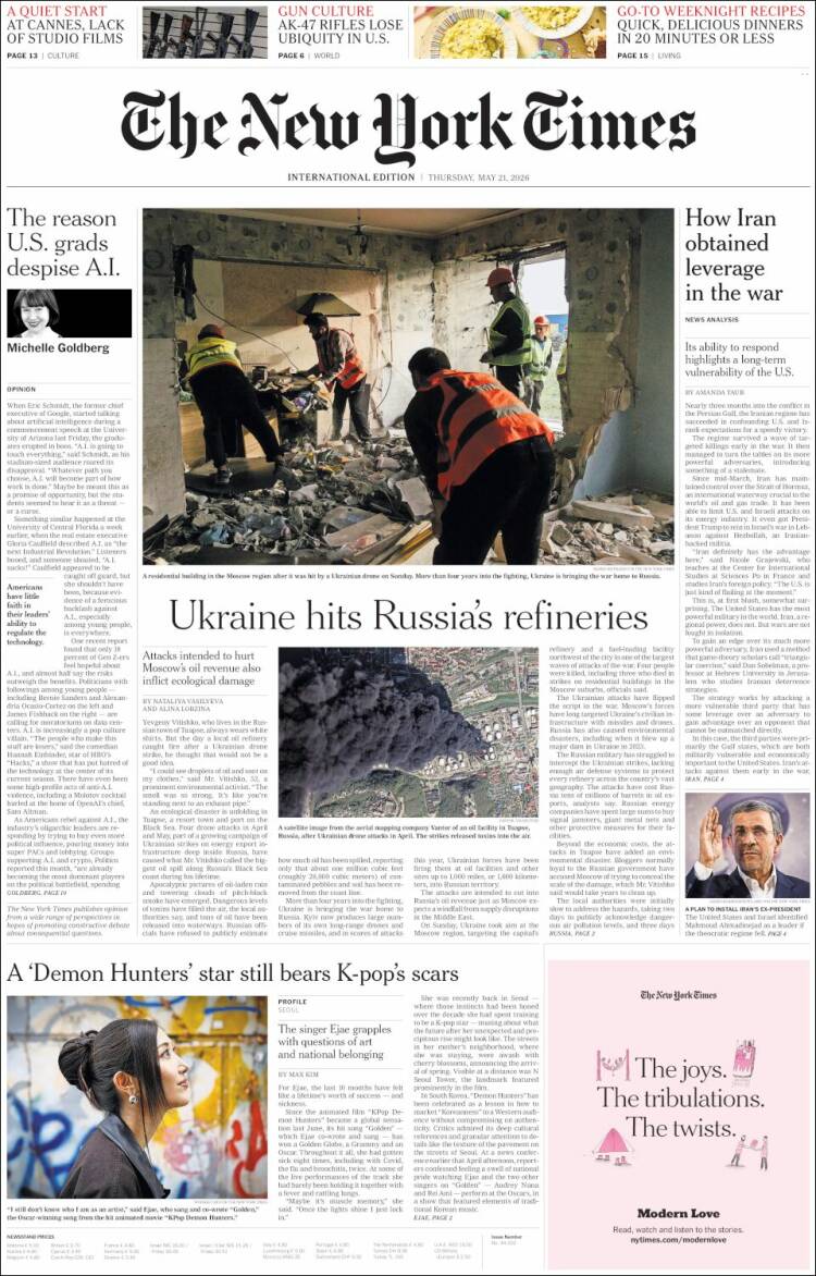 Portada de International New York Times (Europa)
