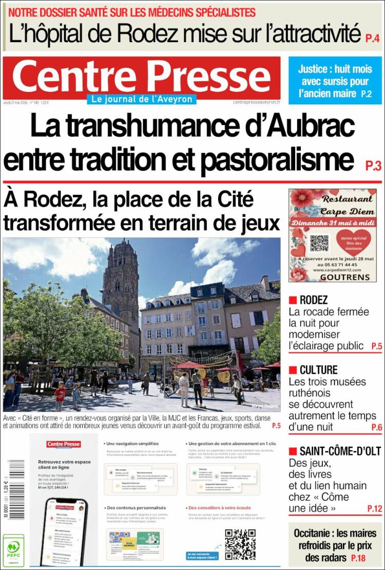 Portada de Centre Presse (Francia)