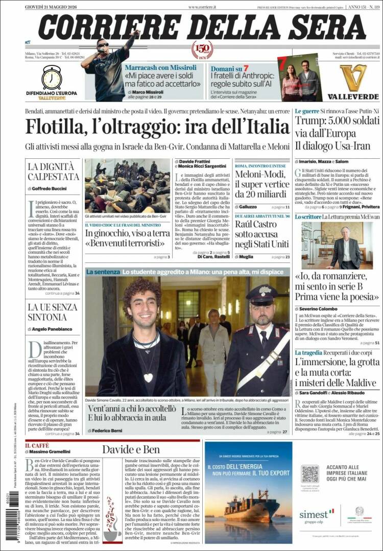 Portada de Corriere della Sera (Italia)