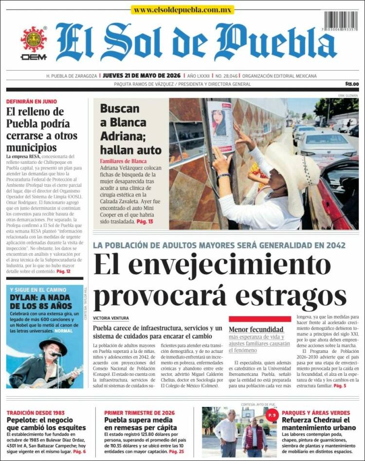 Portada de El Sol de Puebla (M&eacute;xico)