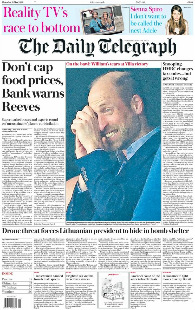 Portada de Daily Telegraph (Reino Unido)
