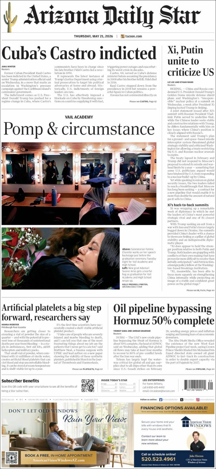 Portada de Arizona Daily Star (USA)